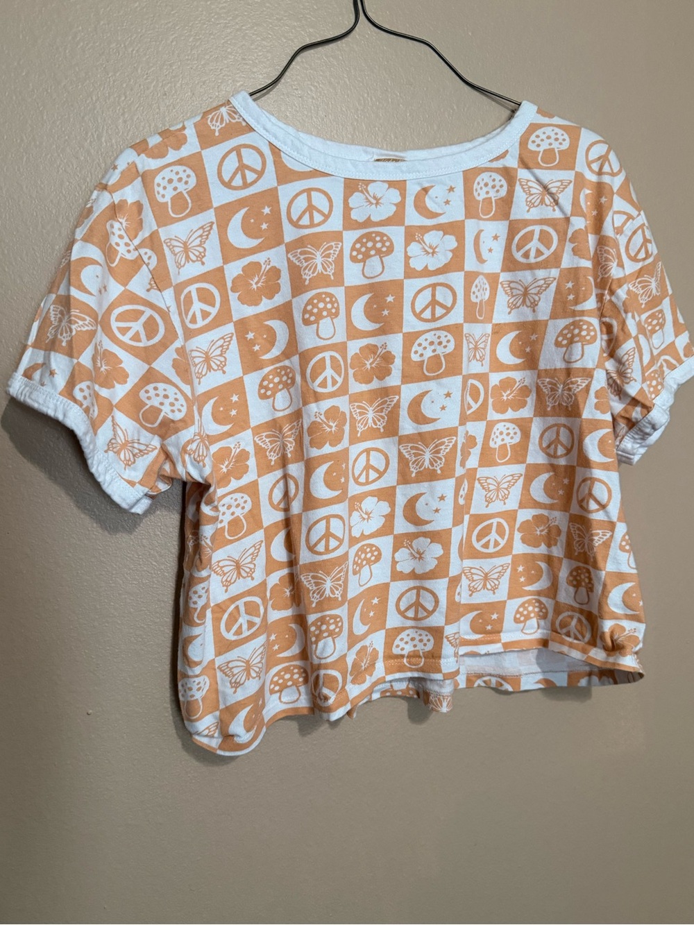 Checker Print Orange & White Cropped Tee with Playful Icons